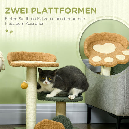 PawHut Kleiner Kratzbaum mit 2 Liegeflächen, inkl. Spielzeug, für kleine Katzen, Grün Beige+ Braun