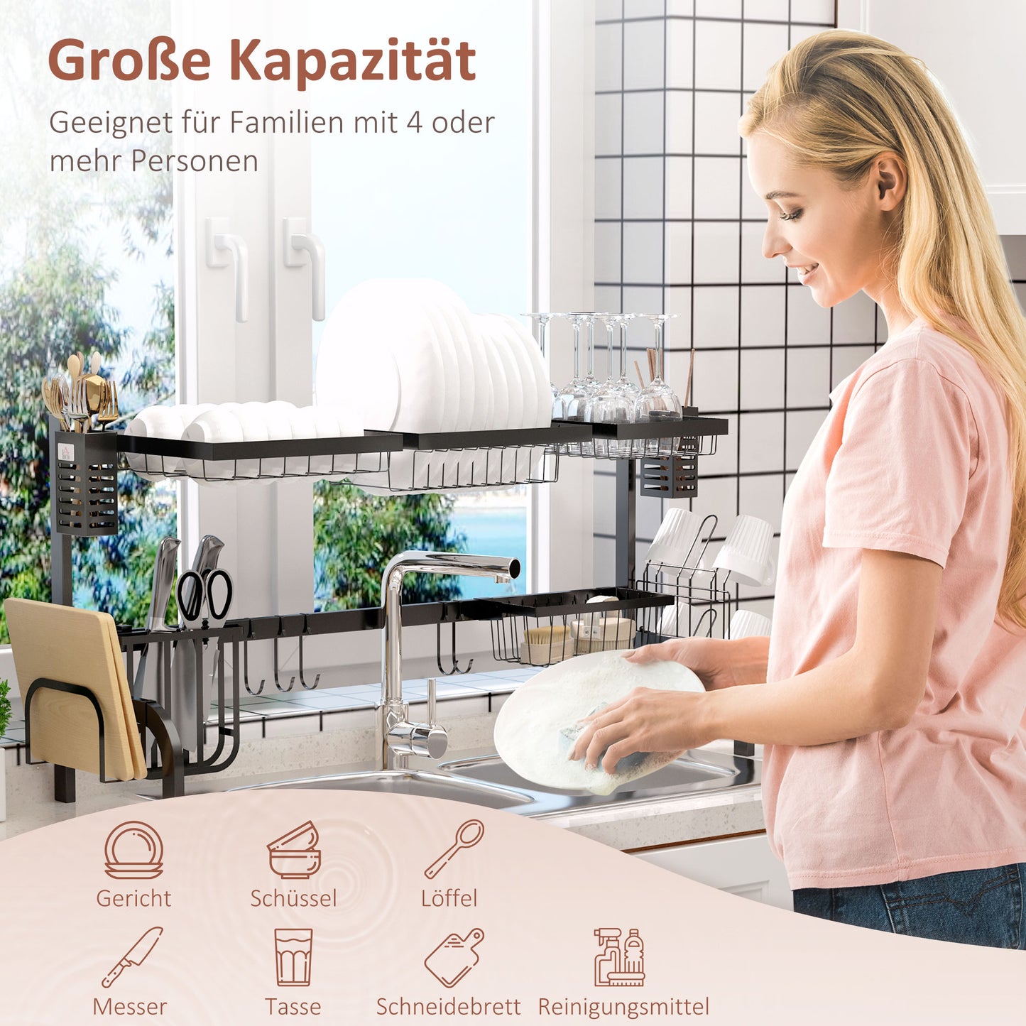 HOMCOM Abtropfgestell Geschirr, 2-stufiges Abtropfständer mit Haken, Tellerregal, Zubehör, 100 cm Stahl, Schwarz