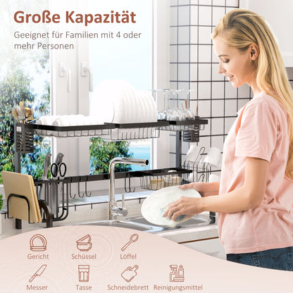 HOMCOM Abtropfgestell Geschirr, 2-stufiges Abtropfständer mit Haken, Tellerregal, Zubehör, 100 cm Stahl, Schwarz