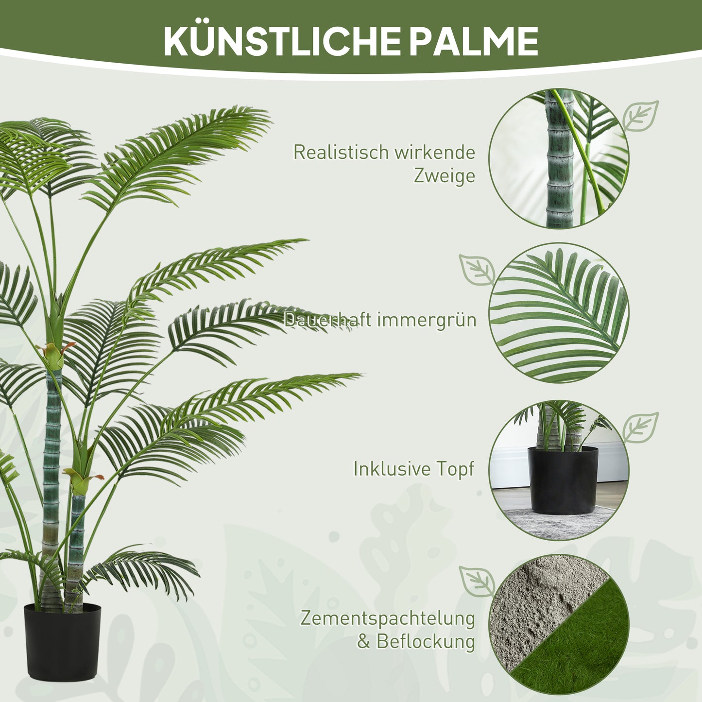HOMCOM Künstliche Palme mit 16 Kunststoff-Blättern, UV-beständige Kunstpflanze mit Plastiktopf, für drinnen und draußen, Grün