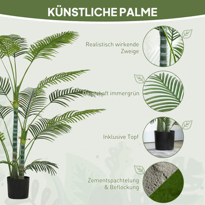HOMCOM Künstliche Palme mit 16 Kunststoff-Blättern, UV-beständige Kunstpflanze mit Plastiktopf, für drinnen und draußen, Grün