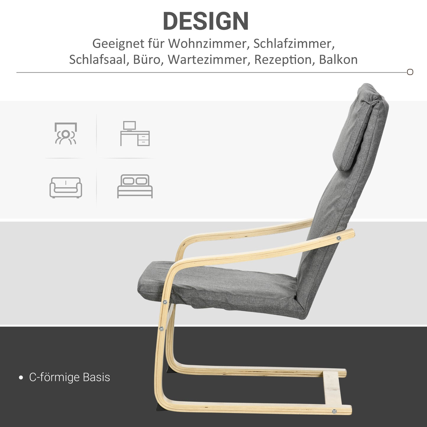 HOMCOM Sessel mit Kopfstütze und Armlehnen, Bezug in Leinenoptik, Holzgestell, Grau + Natur