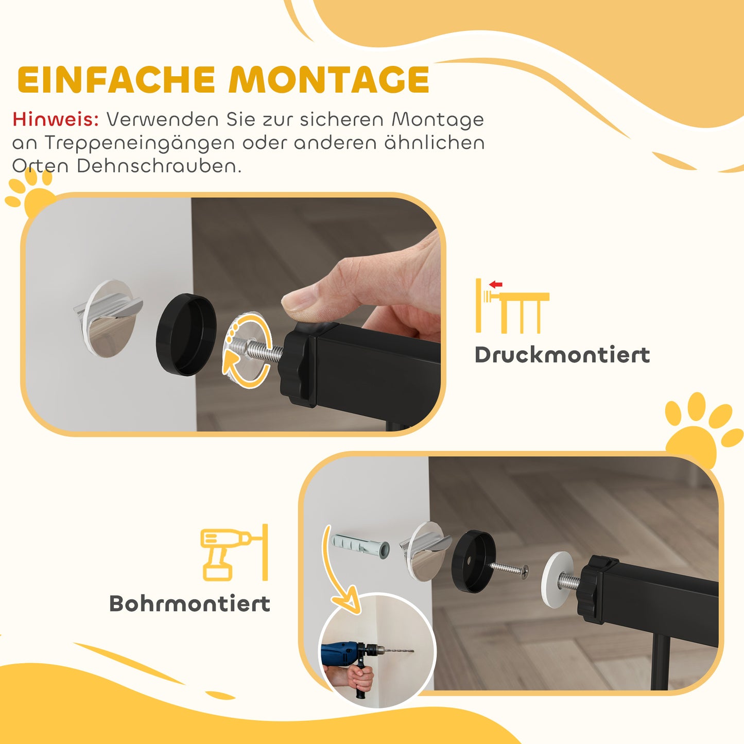 PawHut Haustiertor, 77 cm Treppengatter, verstellbar Breite 76-104 cm, mit Katzentür, für Treppen och Türöffnungen, Schwarz