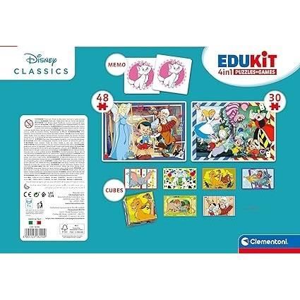 Clementoni - Edukit - Disney - 4 in 1 learning box - 2 puzzles, 1 memo, 1 set of 6 cubes - Made in Italy - Ages 4 and up