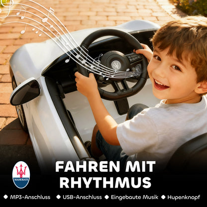 AIYAPLAY Maserati Elektroauto für Kinder, 2-Sitzer, 12V Batteriebetrieb, Fernbedienung, LED-Lichter, Musikfunktion, Weiß