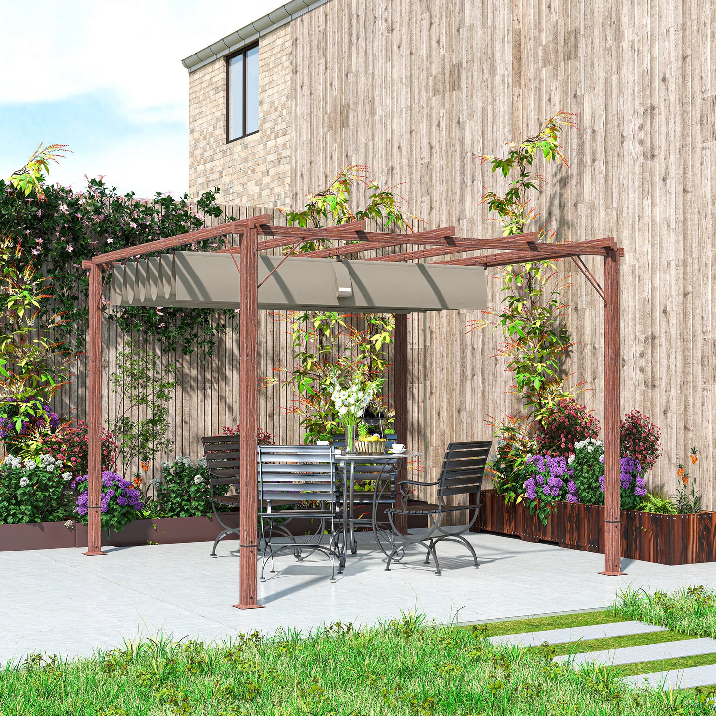 Outsunny 3 x 3 m Garten-Pergola, Verstellbares Terrassendach, Aluminium-Rahmen, UPF30+ Sonnenschutz, Naturholz