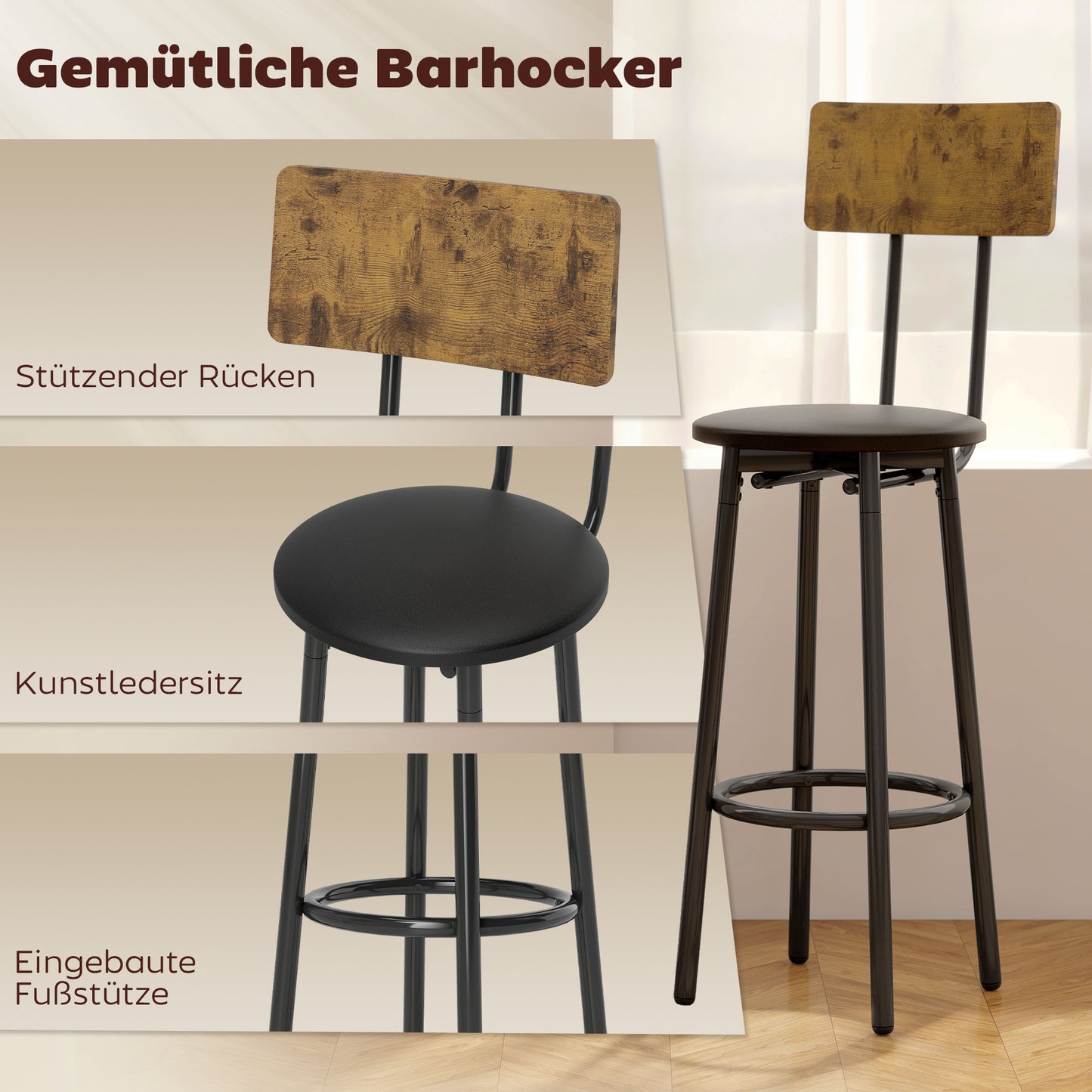 HOMCOM 3-teiliges Bartisch-Set mit 2 gepolsterten Hockern, Kunstleder-Bezug, Rückenlehne, Metallgestell, Braun