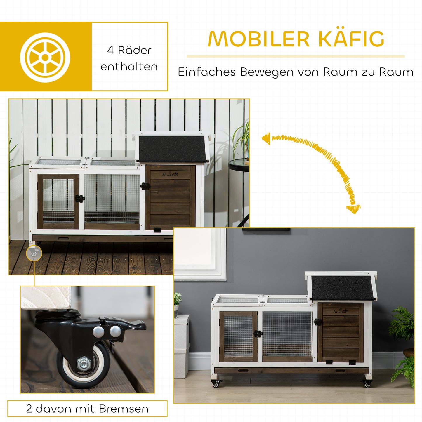 PawHut Kleintierstall für Zwergkaninchen, Meerschweinchen, mit Rädern, 108 x 58 x 73,5 cm, Kaffee