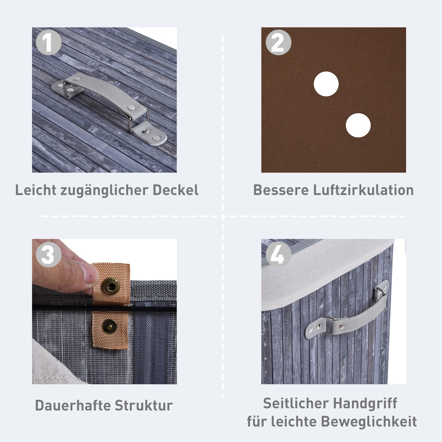 HOMCOM Bambus Wäschekorb mit Deckel 100 L Wäschesammler mit PU-Griffen, Wäschesack aus Segeltuch, Laundry Baskets Wäschesortierer für Waschküche Schlafzimmer Badezimmer Grau