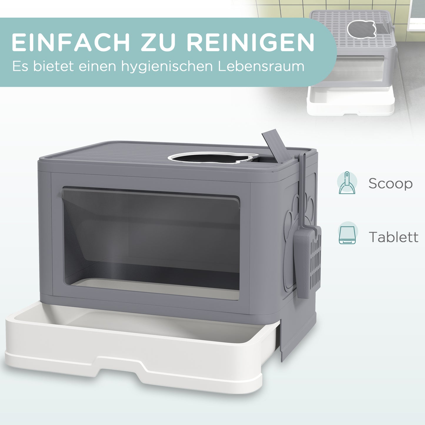 PawHut Katzentoilette Katzenklo Katzentoillete mit Abdeckung, 2 Ausgänge, 48,5 x 38 x 36,5 cm, Grau + Weiß