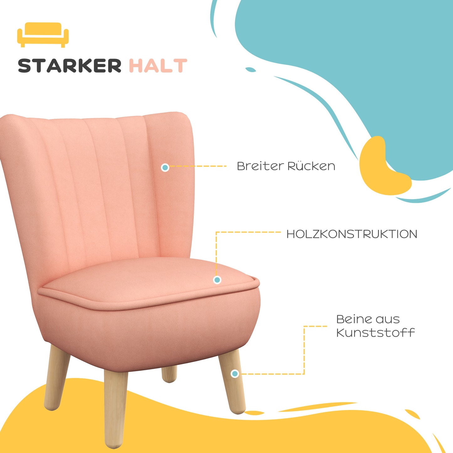 AIYAPLAY Kindersessel, Samtoptik, für 3-7 Jahre, bis 45 kg, Holzgestell, 44x45x56,5cm, Pink