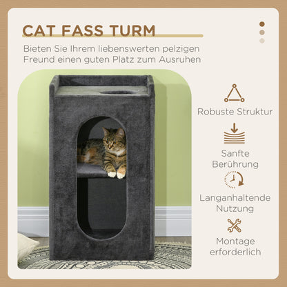 PawHut Kratztonne mit 2 Katzenhöhlen, 1 Liegefläche, Sisal-Kratzmatte, Plüsch, Grau + Natur