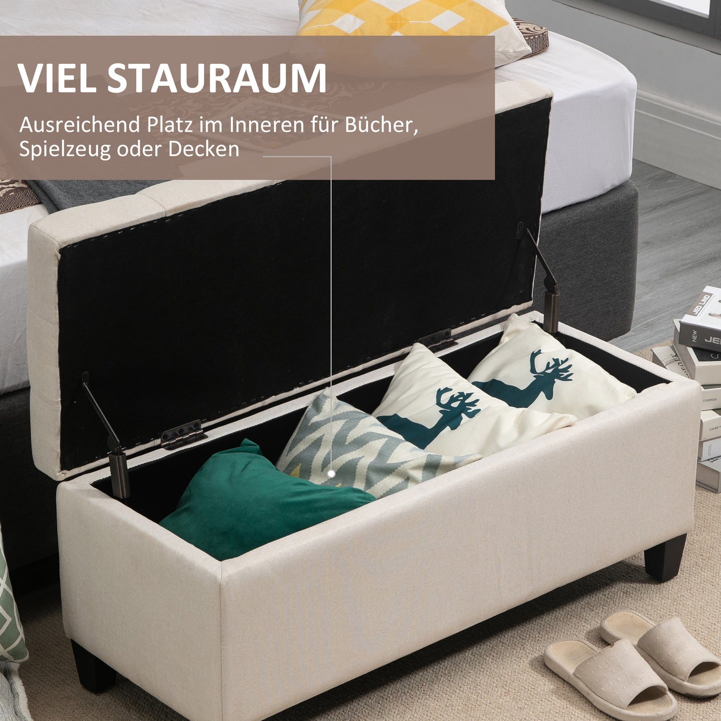 HOMCOM Sitzbank mit Stauraum Polsterbank mit Leinenoptik, Sitztruhe mit Holzbeine, Truhenbank für Wohnzimmer Schlafzimmer Flur 100 x 40 x 44 cm Cremeweiß