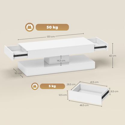 HOMCOM Wohnzimmertisch mit Schubladen und LED-Lichtern, moderner Sofatisch mit offener Ablage, Couchtisch, Spanplatte, Weiß