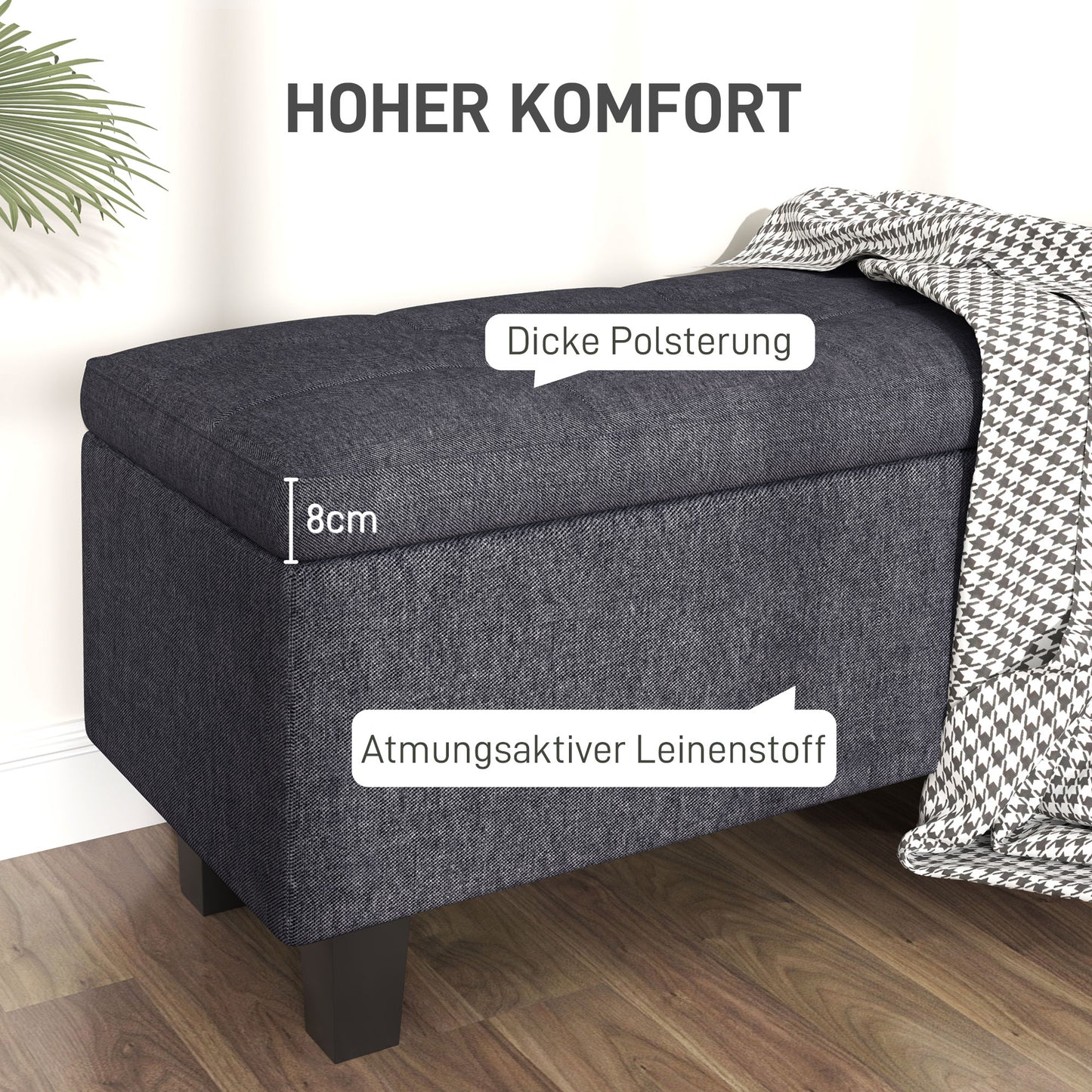 HOMCOM Stauraum-Polsterbank in Leinenoptik, mit Kautschukholzbeinen, für Wohnzimmer, Schlafzimmer, Flur, Dunkelgrau