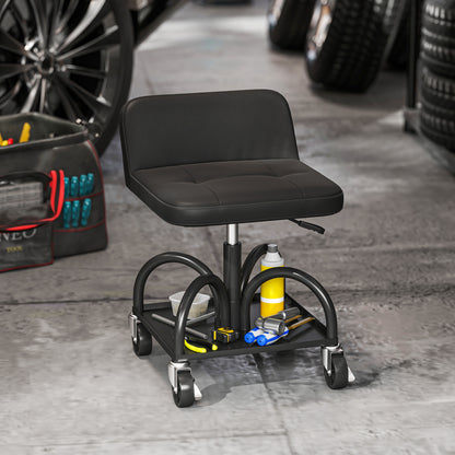 HOMCOM Werkstatthocker mit Rollen Ablagefläche, 58,5 cm hoch Rollhocker bis 135 kg belastbar Schwarz