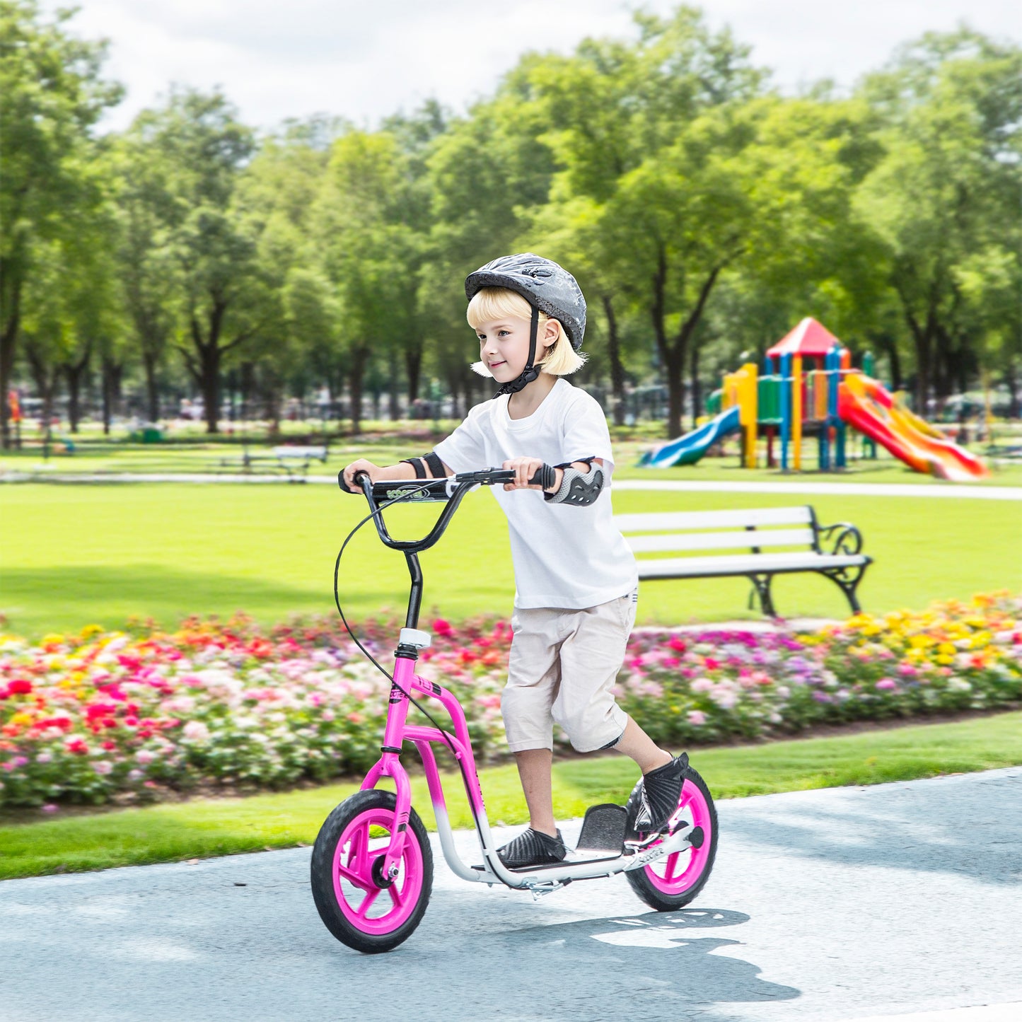 AIYAPLAY Kinderroller mit verstellbarem Lenker, große Räder, Parkständer, Handbremse, für Kinder im Alter von 5-12 Jahren, Rosa
