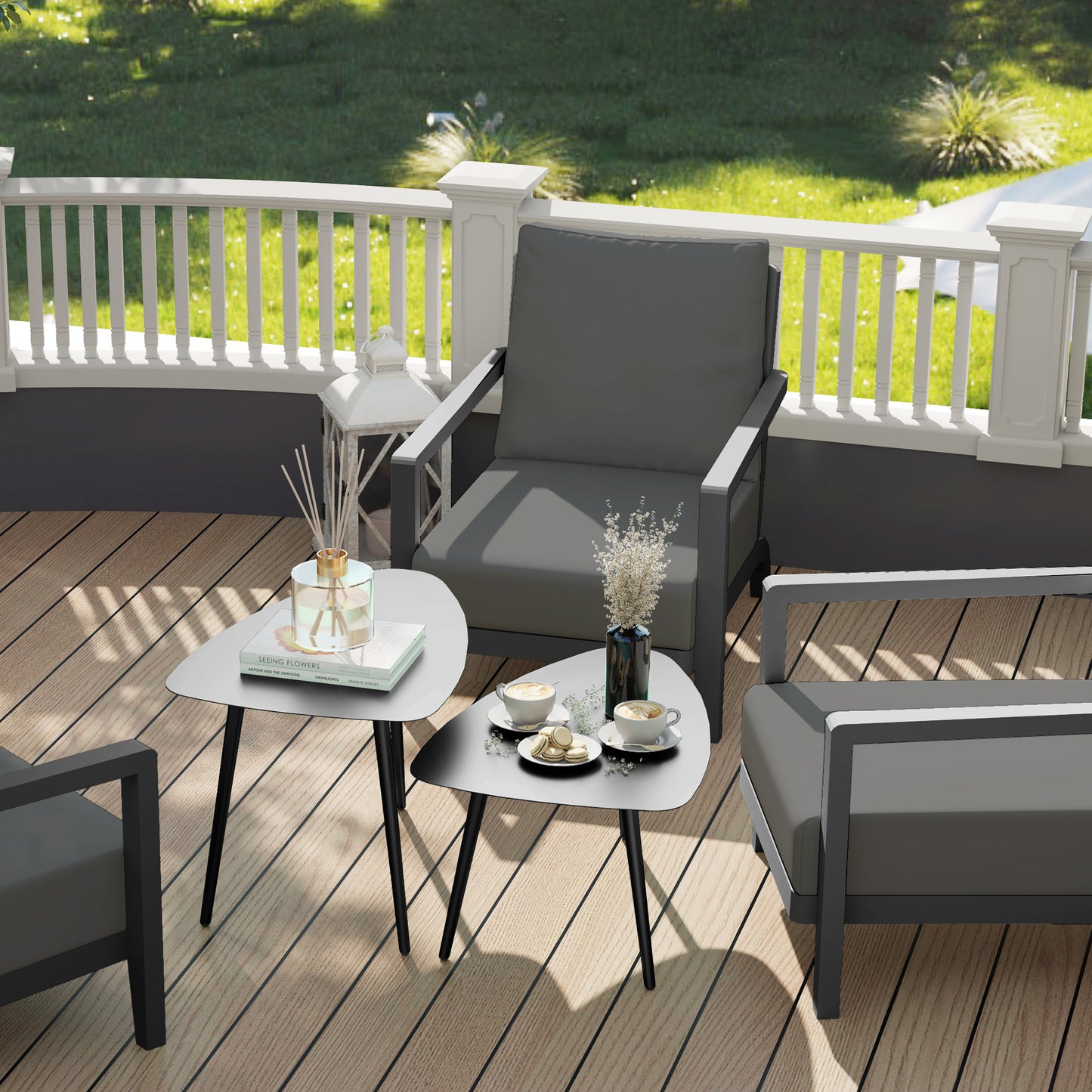 Outsunny Couchtisch 2er Set, Wetterfest Balkontisch aus Stahl, Beistelltisch im Geometrischem Design Schwarz