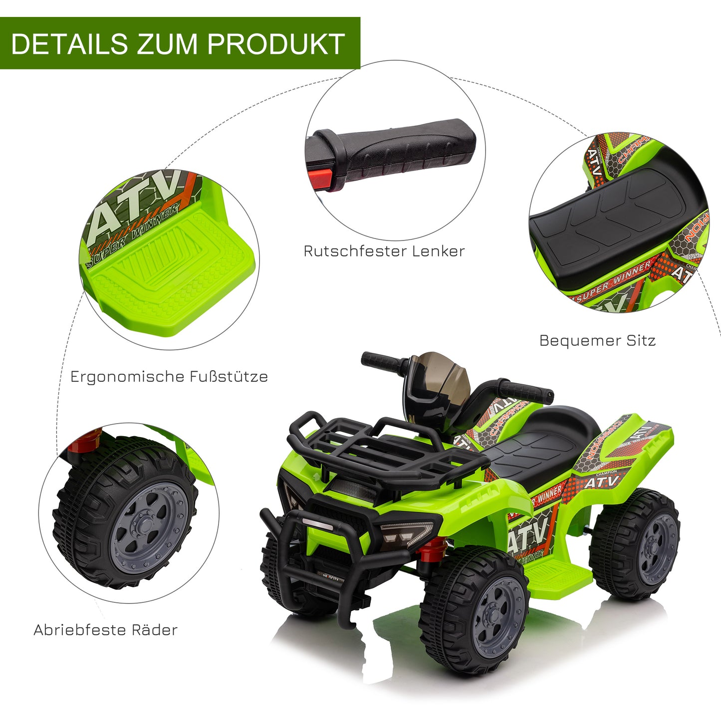 HOMCOM Kinder Quad Elektro 6V Kinderquad mit Vorwärtsfunktion, Musik, Elektro-Quad für Kinder 1,5-3 Jahre Grün