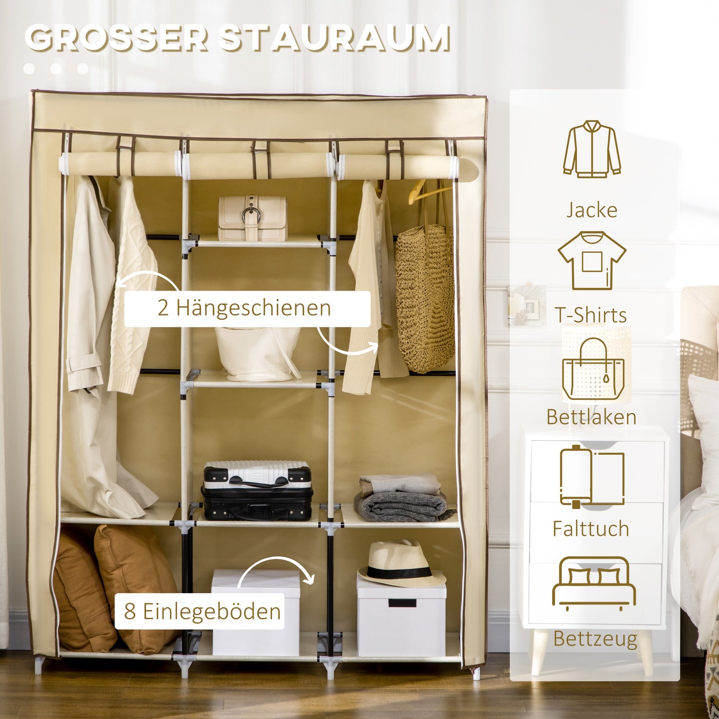 HOMCOM Schrank aus Stoff, Aufbewahrungslösung, 8 Regale, 2 Kleiderstangen, Beige