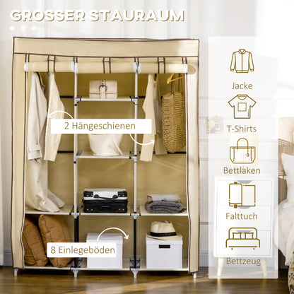 HOMCOM Schrank aus Stoff, Aufbewahrungslösung, 8 Regale, 2 Kleiderstangen, Beige