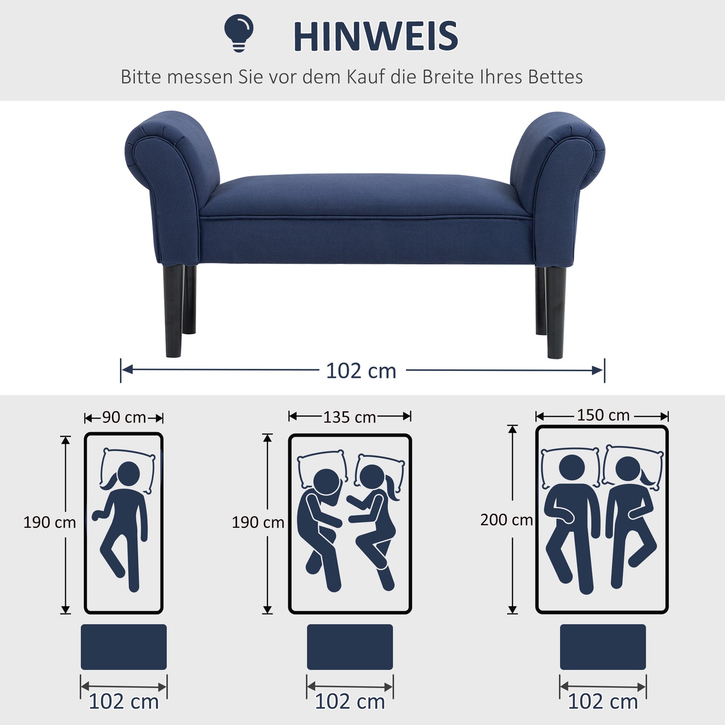 HOMCOM Gepolsterte Sitzbank für Schlafzimmer und Flur, bis 130 kg belastbar, 102 x 36 x 51 cm, Blau