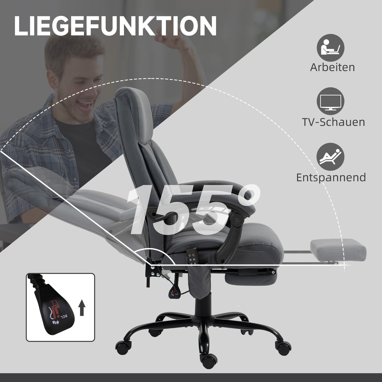 Vinsetto Bürostuhl mit Massagefunktion & Heizfunktion, Fußstütze, bis 120 kg, Dunkelgrau