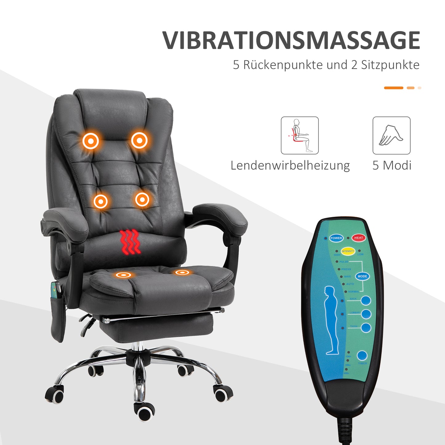 Vinsetto Bürostuhl med massagefunktion, ergonomisk, 65x160x104cm, Grau