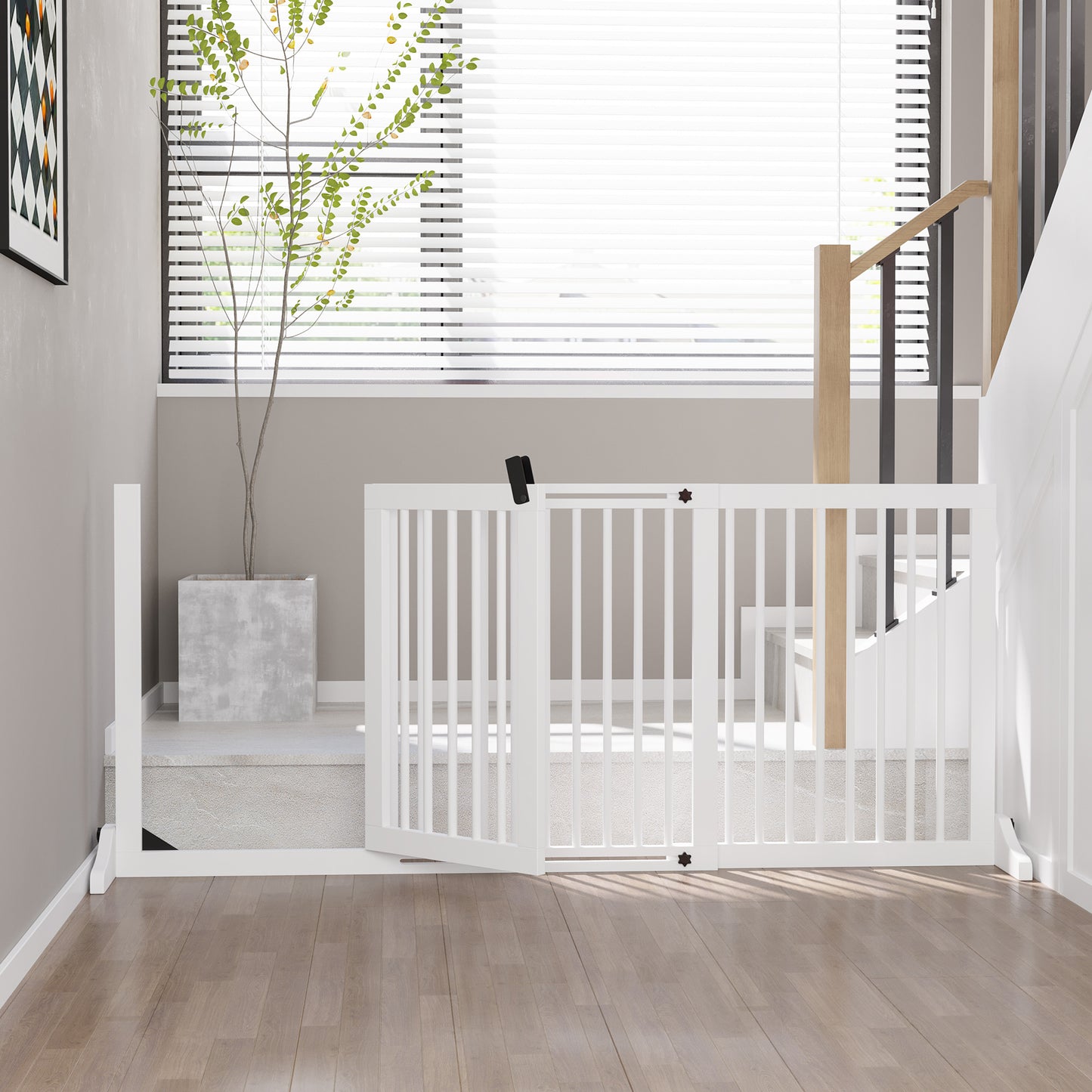 PawHut Absperrgitter Hunde Türschutzgitter Schutzgitter aus Holz Freistehendes Hundegitter mit Tür Hundeabsperrgitter Konfigurationsgitter för Kamin &amp; Ofen Weiß 113-166 x 36 x 71 cm