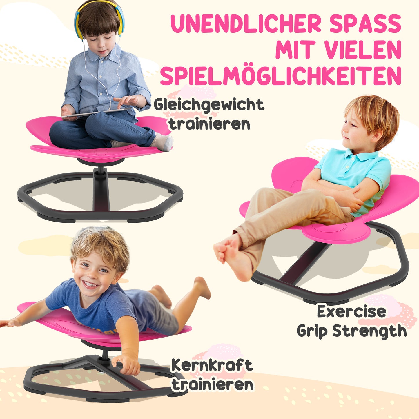 AIYAPLAY Sensorischer Drehstuhl für Kinder, Schmetterlings-Form, fördert Balance und Koordination, Kunststoff, Metall, Rosa