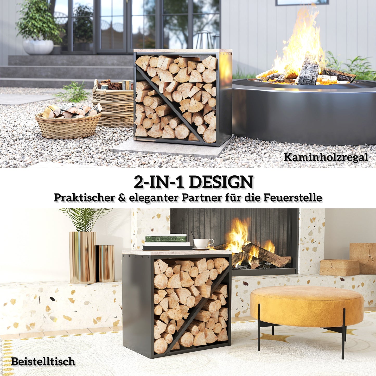 Outsunny 2-in-1 Kaminholzregal für innen 58 x 36 x 60cm erhöhtes Brennholzregal mit Trenner Metall Schwarz