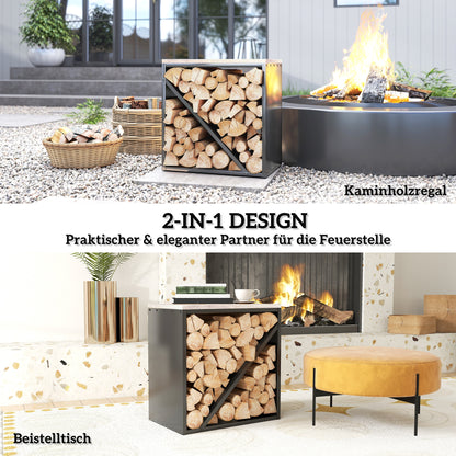 Outsunny 2-in-1 Kaminholzregal für innen 58 x 36 x 60cm erhöhtes Brennholzregal mit Trenner Metall Schwarz