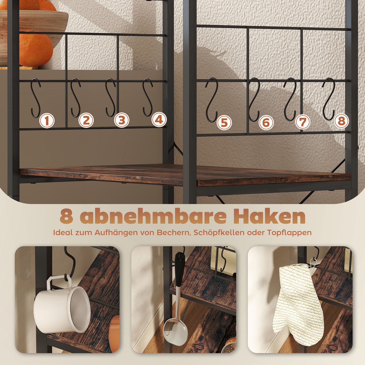 HOMCOM Küchenregal, 4-stufiges Design, Arbeitsplatte, 8 Haken, Metallrohre, Braun+Schwarz