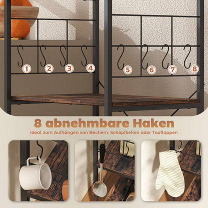 HOMCOM Küchenregal, 4-stufiges Design, Arbeitsplatte, 8 Haken, Metallrohre, Braun+Schwarz