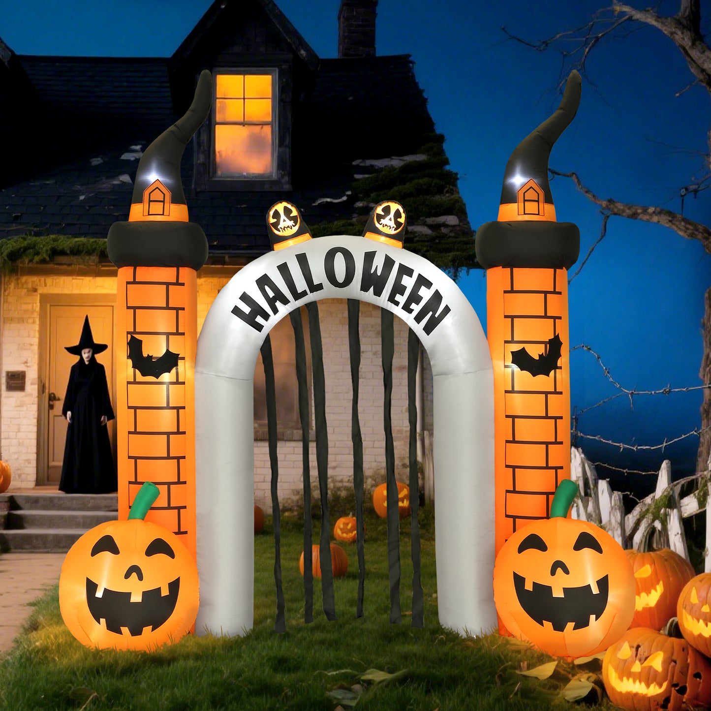 Outsunny Aufblasbarer Halloween-Torbogen, Kürbis-Design, LEDs, Heringe, Polyester