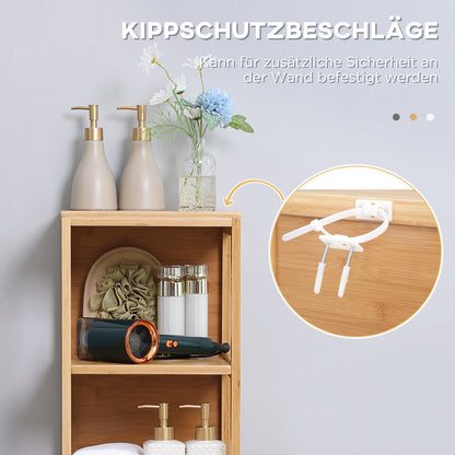 kleankin Badezimmerschrank, 3 Regale, 2 Schubladen, Bambus, 30 cm x 30 cm x 140 cm, Natur