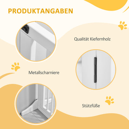 PawHut Absperrgitter Hunde Türschutzgitter Schutzgitter aus Holz Freistehendes Hundegitter mit Tür Hundeabsperrgitter Konfigurationsgitter för Kamin &amp; Ofen Weiß 113-166 x 36 x 71 cm