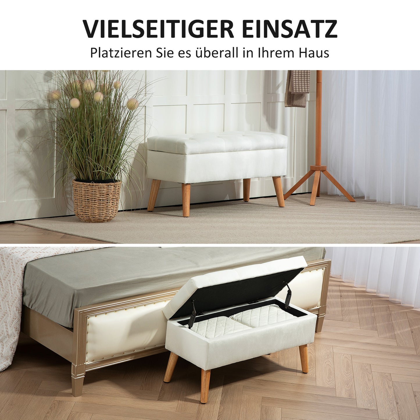 HOMCOM Polsterbank mit Stauraum, Stoffbezug in Samtoptik, Holzbeine, für Wohnzimmer, Schlafzimmer, Flur, 80 x 35 x 42 cm, Weiß