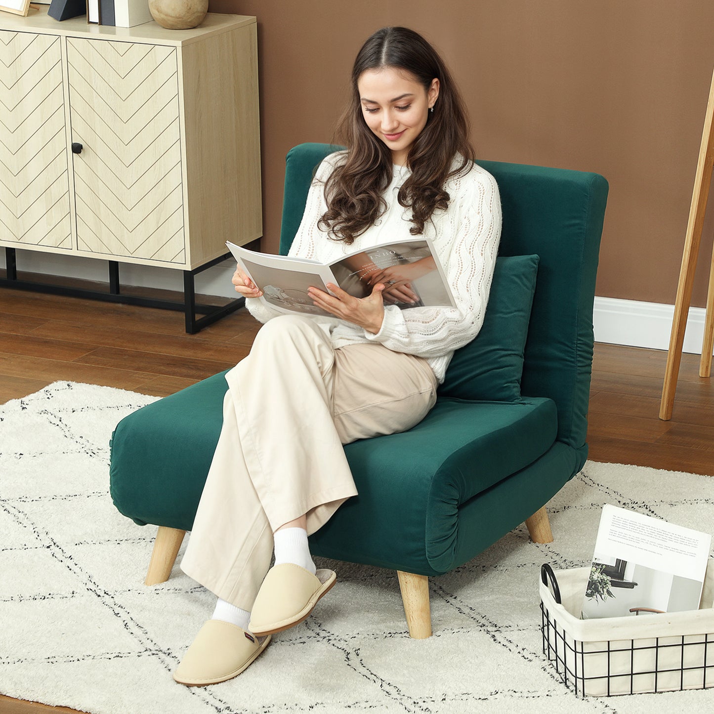 HOMCOM Klappsessel mit Bettfunktion, Klappbarer Relaxsessel in Samtoptik, Verstellbare Lehne, bis 120 kg belastbar, Dunkelgrün