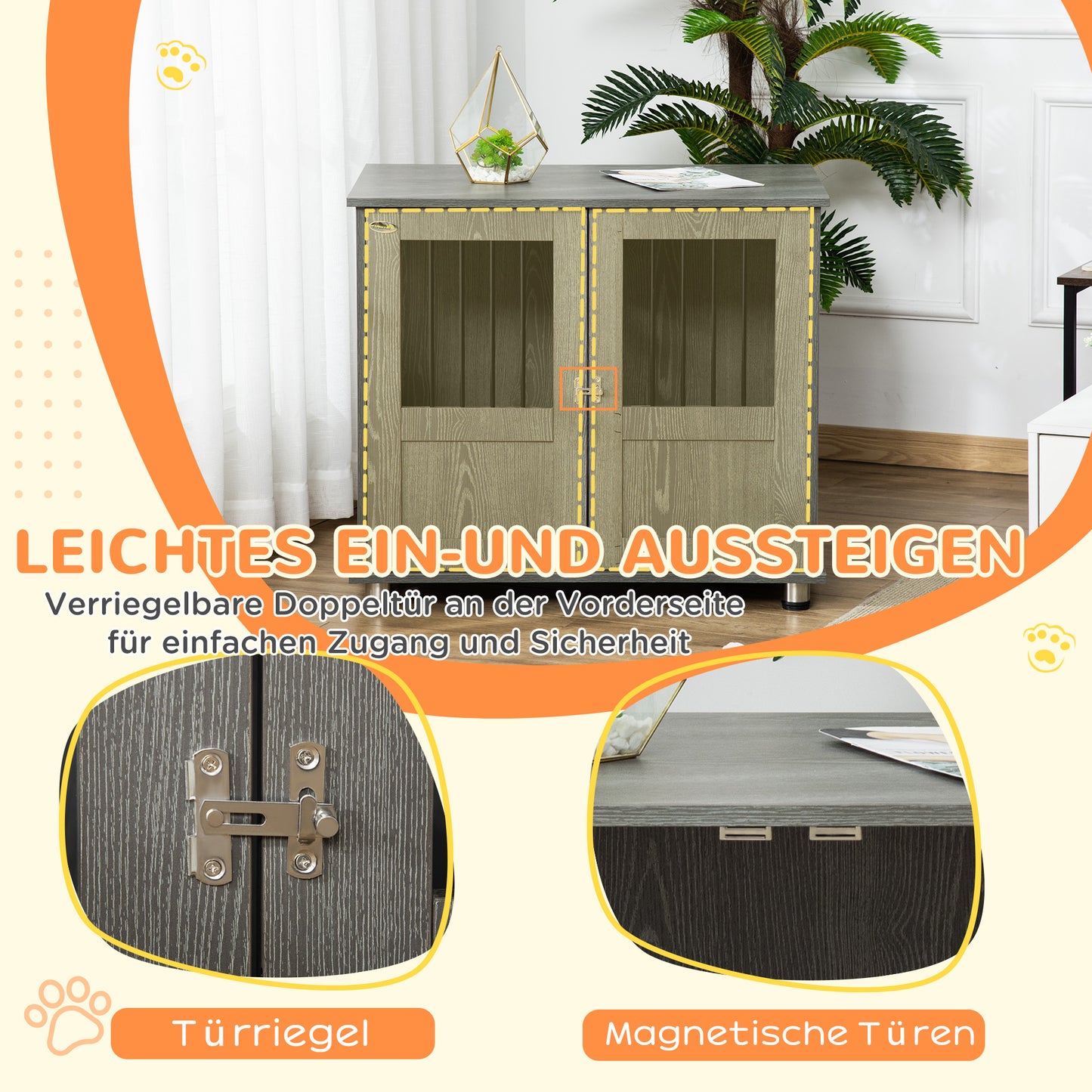 PawHut Hundebox, Haustierbox, Hundehütte mit Schloss, Magnettür, Hundehaus mit Fenster, för stora Hunde, 85 x 55 x 75 cm, Grau