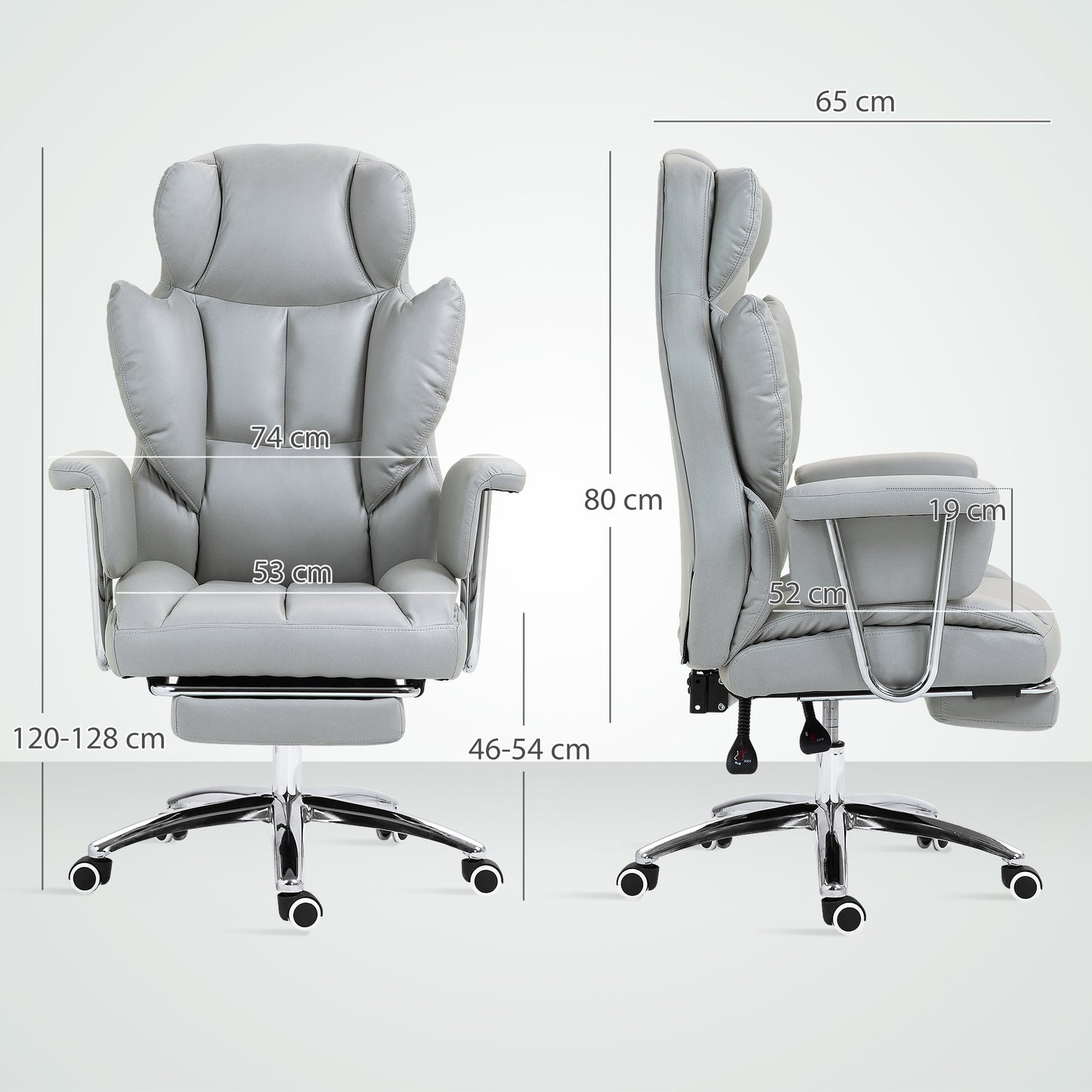 HOMCOM Ergonomischer Bürostuhl, gepolstert, mit Fußstütze, verstellbarer Lehne, 360° drehbar, Hellgrau