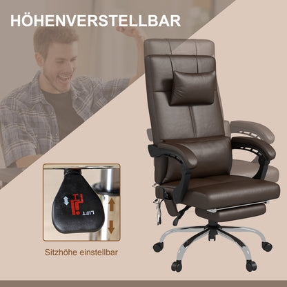 Vinsetto Bürostuhl med Massagefunktion, Ergonomischer Schreibtischstuhl med Liegefunktion, Kopfkissen, höhenverstellbar, Braun