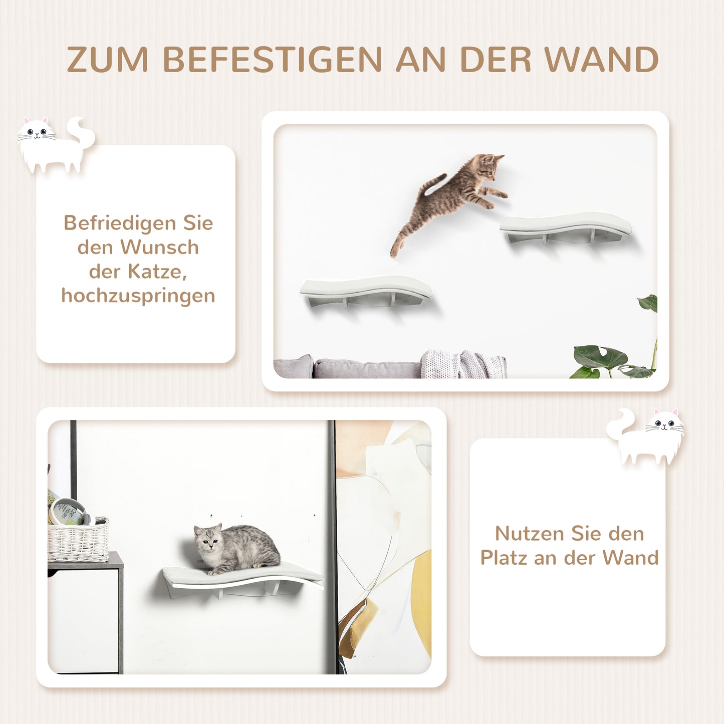 PawHut Katzen Kletterwand Katzenhängematte Katzenbett Wand Katzenregal Wandmontage Katzenmöbel Plüsch MDF Weiß 53 x 28 x 12 cm