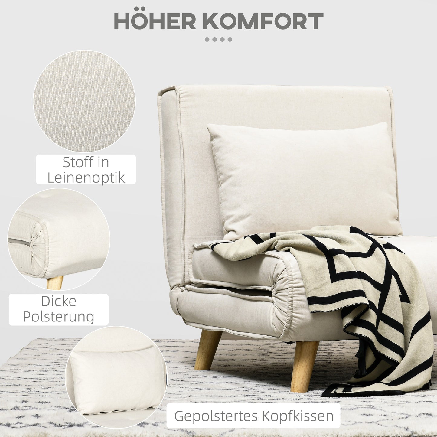 HOMCOM Schlafsessel, 6-stufig verstellbare Lehne, Leinenoptik, bis 120 kg, Creme