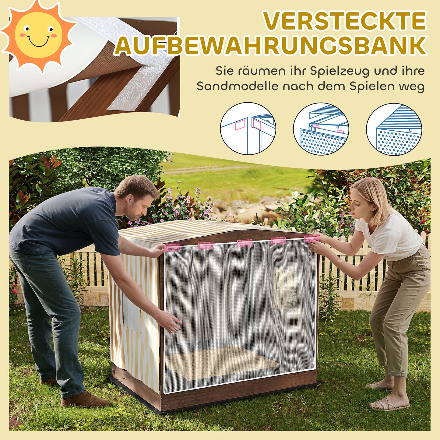 AIYAPLAY Sandkasten, Sandkiste mit Vordach und Netztür, Sitzbänke, Bodenschutz, Braun