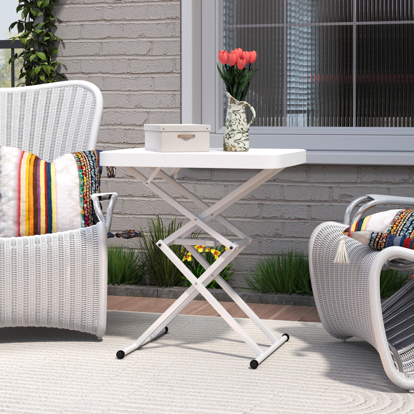 Outsunny Gartentisch, Tragbarer Tisch für den Außenbereich aus Kunststoff und Metall, Bistrotisch, für Terrasse, Garten, Weiß