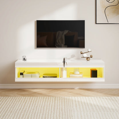 HOMCOM TV Schrank, Hängendes TV Lowboard mit RGB LED-Beleuchtung in 16 Farben, TV Ständer mit offenen Stauraum, für 55-60 Zoll Fernseher, für Wohnzimmer, Schlafzimmer, 140 x 40 x 30 cm, Hochglanzweiß