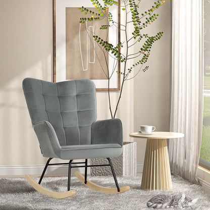 HOMCOM Vintage Schaukelstuhl, geschwungene Kufen, dicke Polsterung, Buchenholz & Stahl, Dunkelgrau