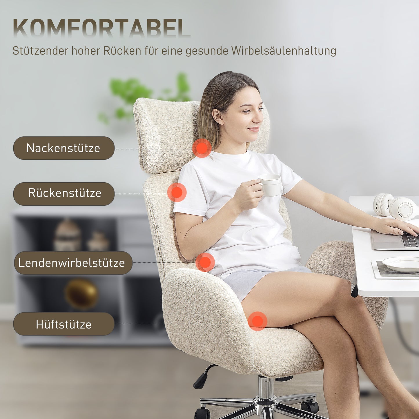 HOMCOM Bürostuhl mit verstellbarer Kopfstütze, ergonomischer Schreibtischstuhl, Kippfunktion, höhenverstellbar, Grauweiß