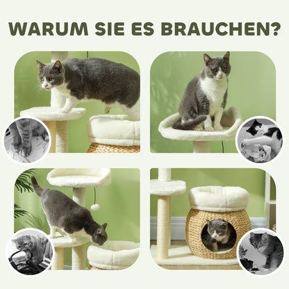 PawHut Kratzbaum mit Katzenhöhle, Spielball och Plattform, Schilfrohr/Sisal, bis 10 kg, 60 x 40 x 79 cm, Cremeweiß
